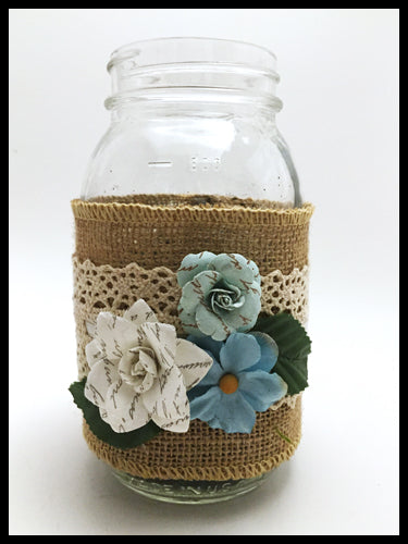 Large Mason Jar blue and white flowers