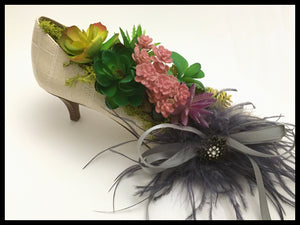 Elegant Succulent Shoe planter (gray feathers and pendant)