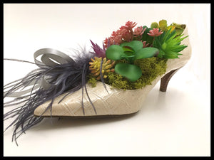 Elegant Succulent Shoe planter (gray feathers and pendant)